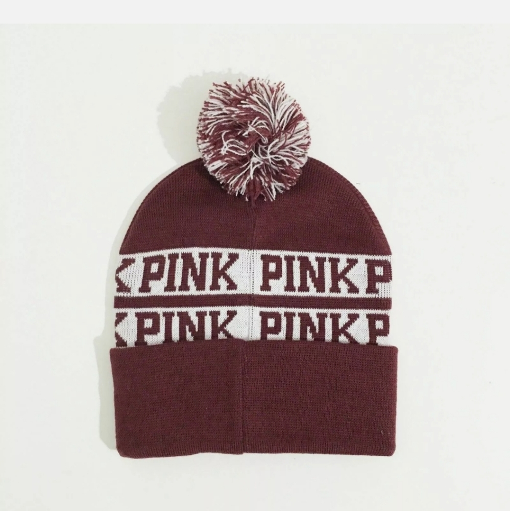 Victoria's Secret "PINK" Logo ~ Burgundy ~ Pom Pom ~ Beanie ~ Winter ~ Knit Hat